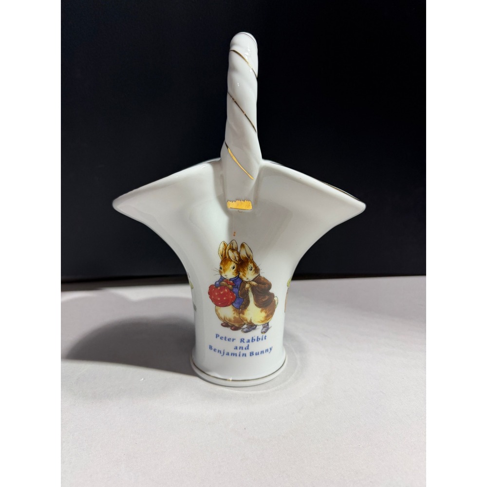 Beatrix Potter Peter Rabbit Benjamin Bunny Ceramic Basket Vase Gold Trim 2002